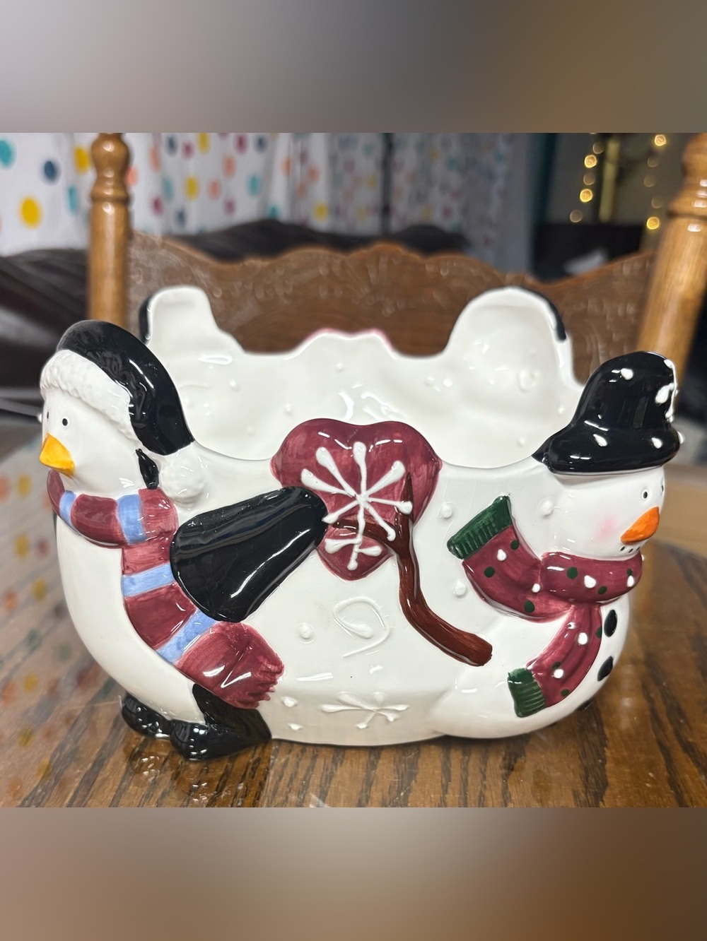 Holiday Snowman Ceramic Candy Dish in White and Red - Unbranded
